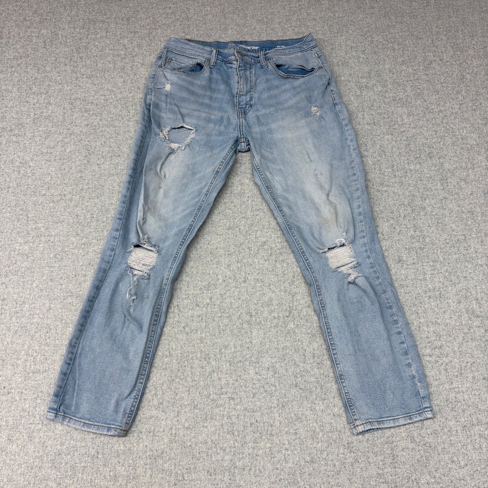 Original Use Slim Taper Jeans 32x30 Light Wash Blue Distressed Ripped Denim Pant